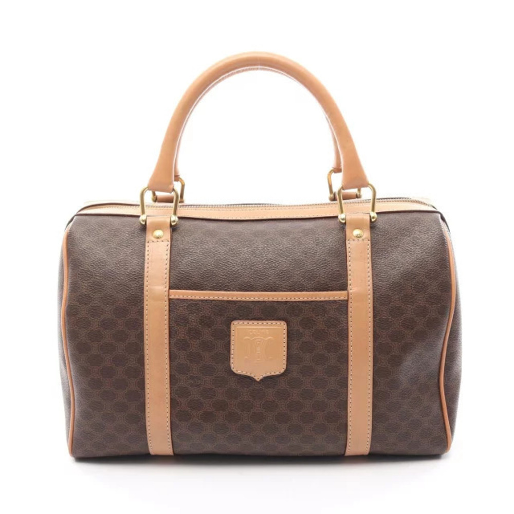 Celine Macadam Boston Handbag Canvas Leather Brown Beige Cream